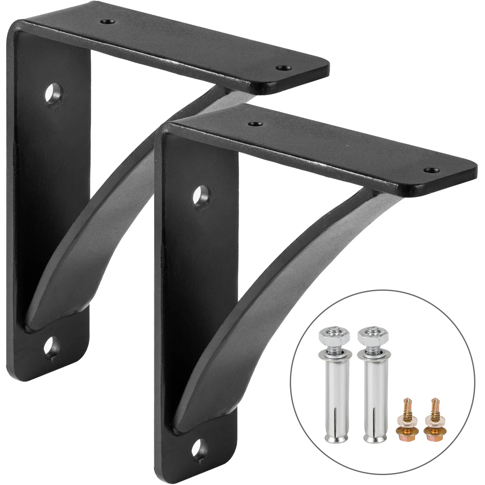 black VEVOR steel shelf brackets with mounting hardware.