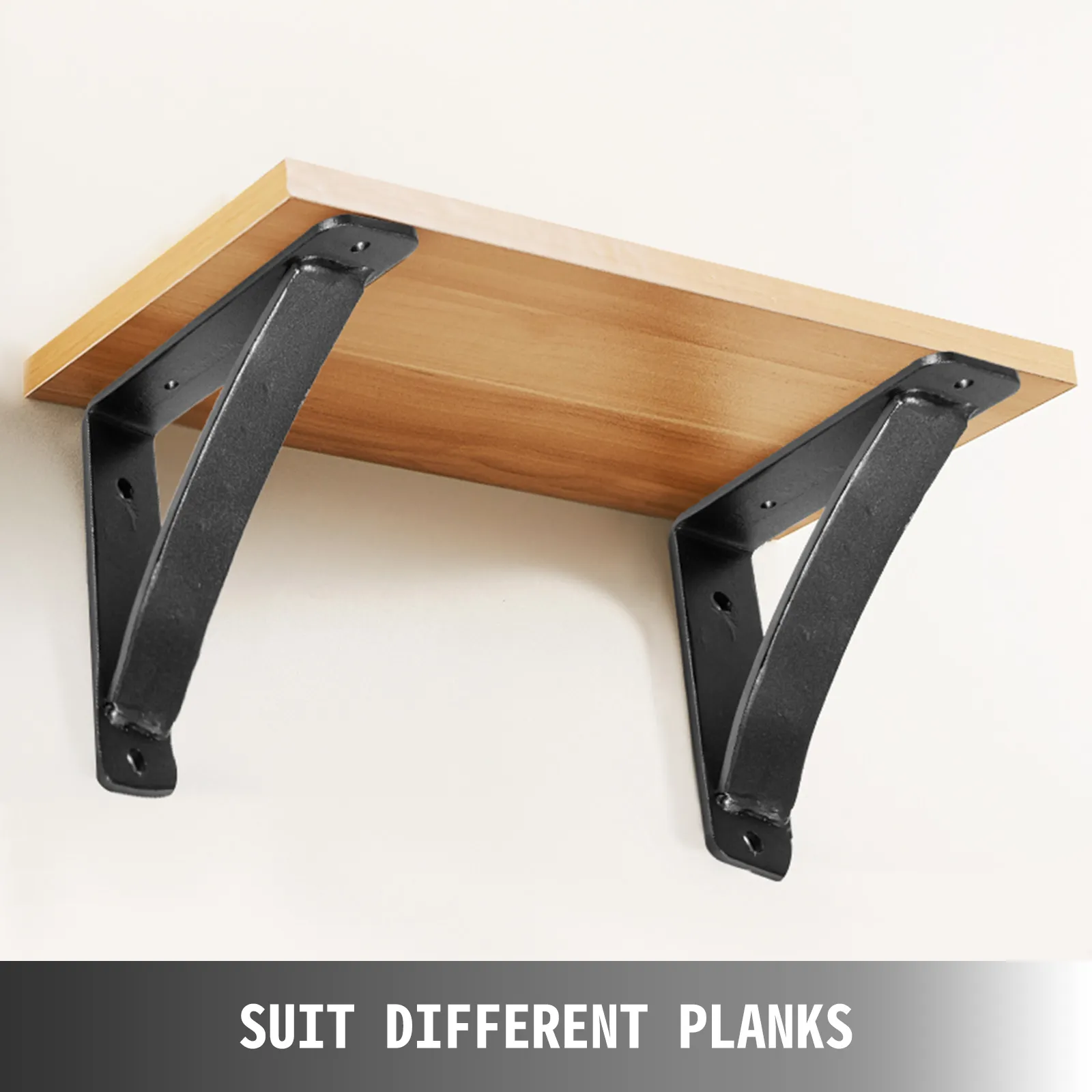 VEVOR steel shelf brackets hold a wooden plank, showcasing versatility for planks.