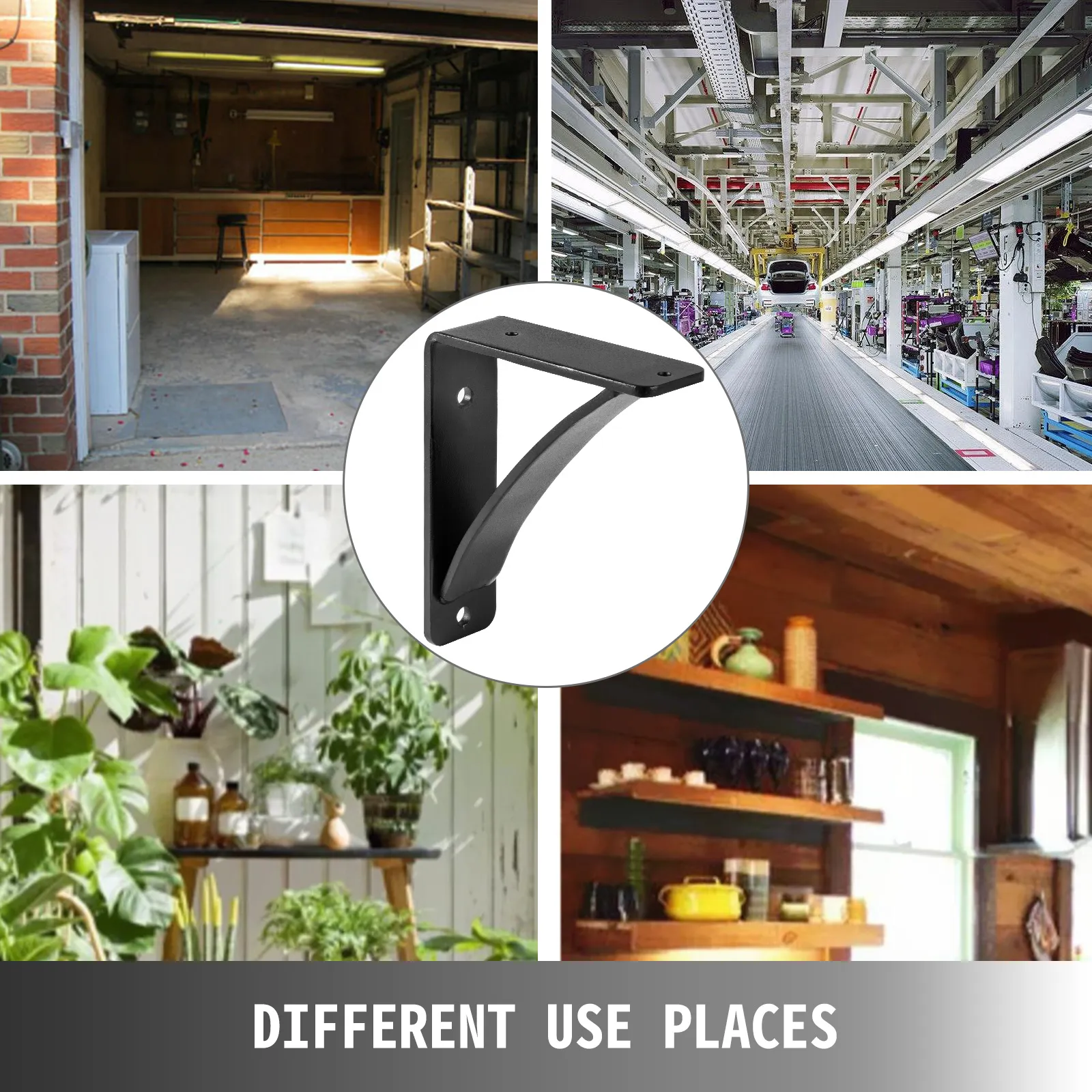 VEVOR steel shelf brackets displayed in workshops, factories, greenhouses, and kitchens.