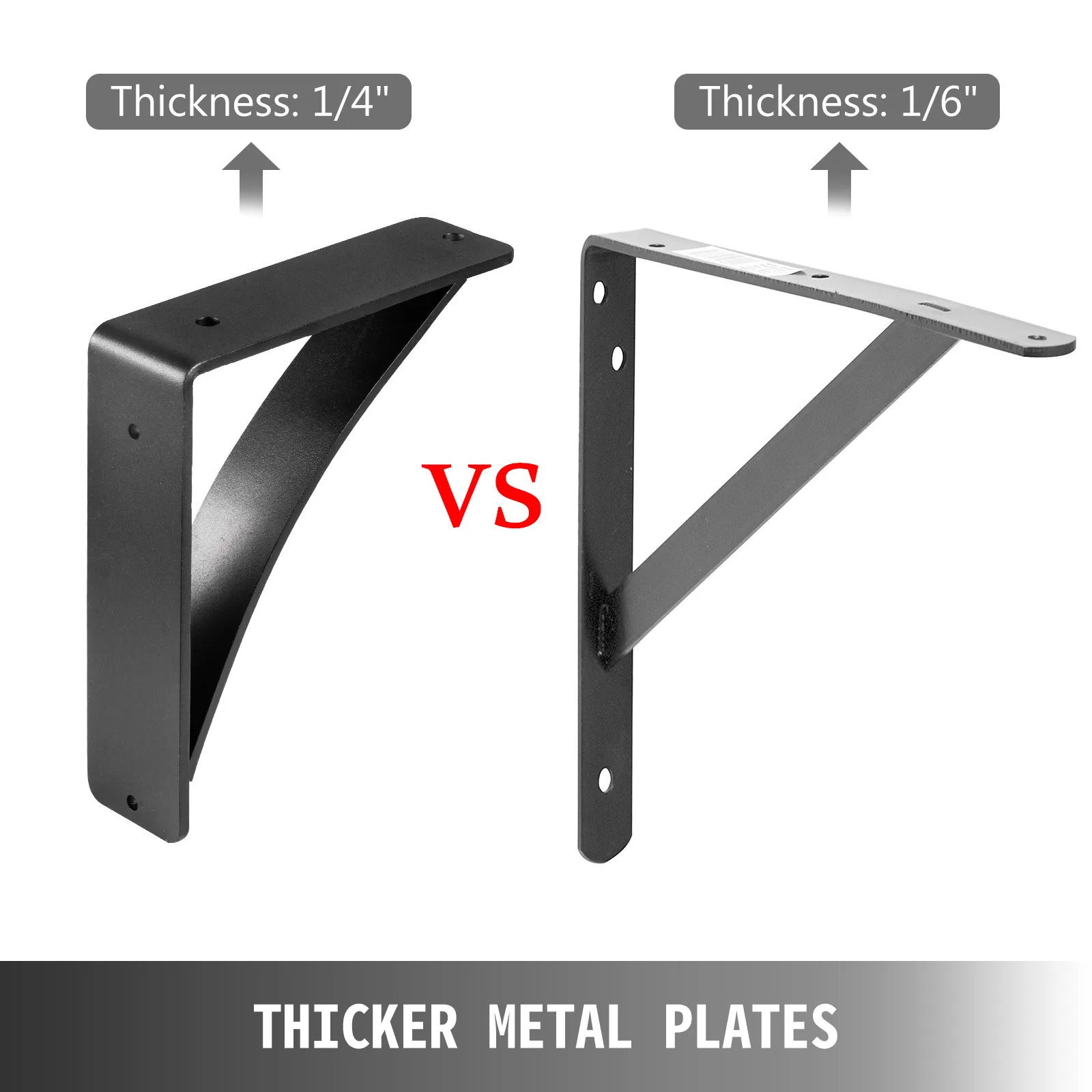 VEVOR heavy duty shelf brackets comparison: 1/4" vs 1/6" metal plate thickness