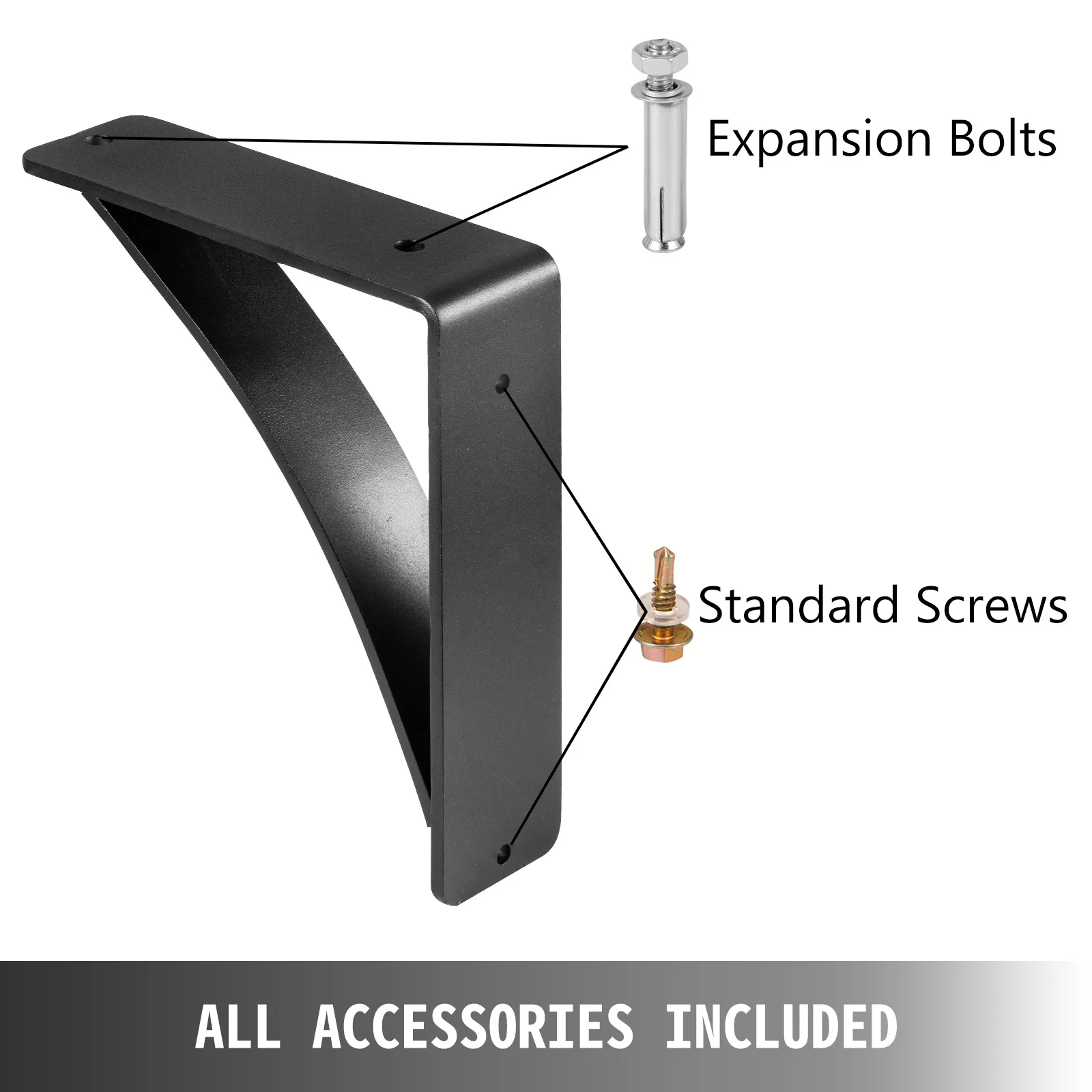VEVOR heavy duty shelf brackets with expansion bolts and standard screws included.