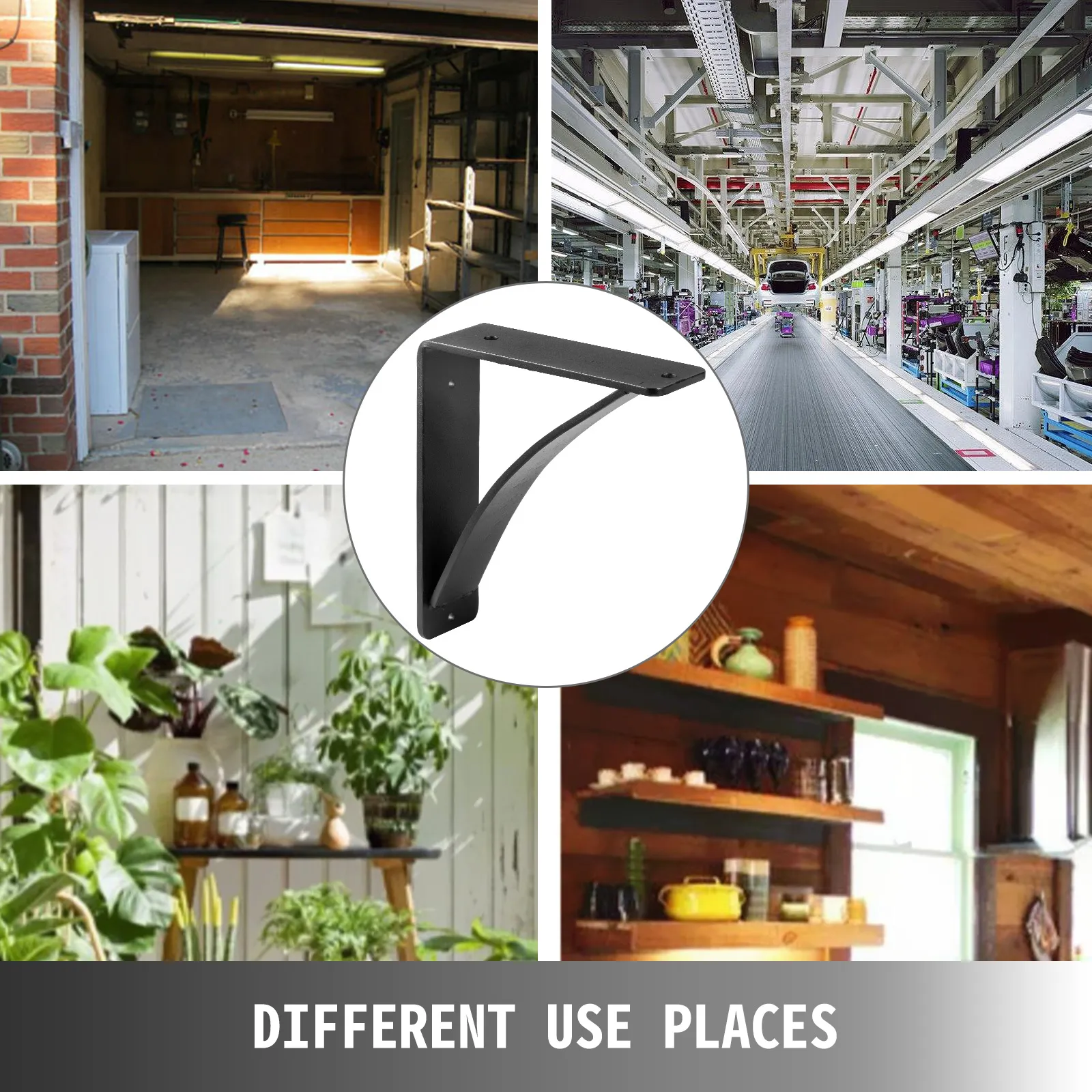 VEVOR heavy duty shelf brackets displayed in various settings: garage, factory, garden, kitchen.