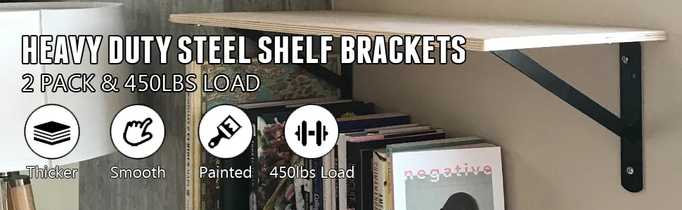 VEVOR heavy duty shelf brackets holding books on a wooden shelf next to a lamp.