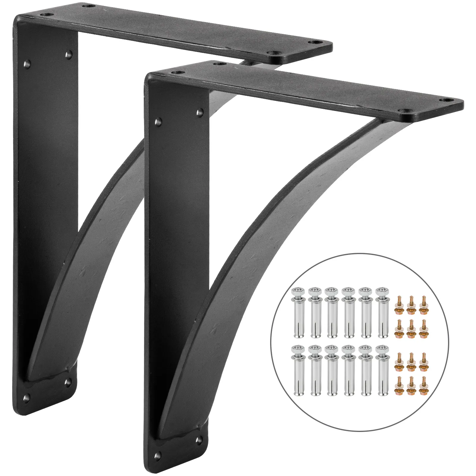 black VEVOR heavy duty shelf brackets with screws and bolts for installation.