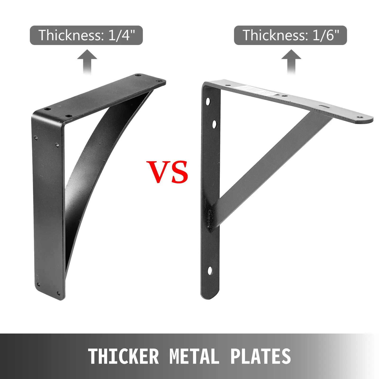 VEVOR heavy duty shelf brackets comparison: 1/4" vs 1/6" thickness.