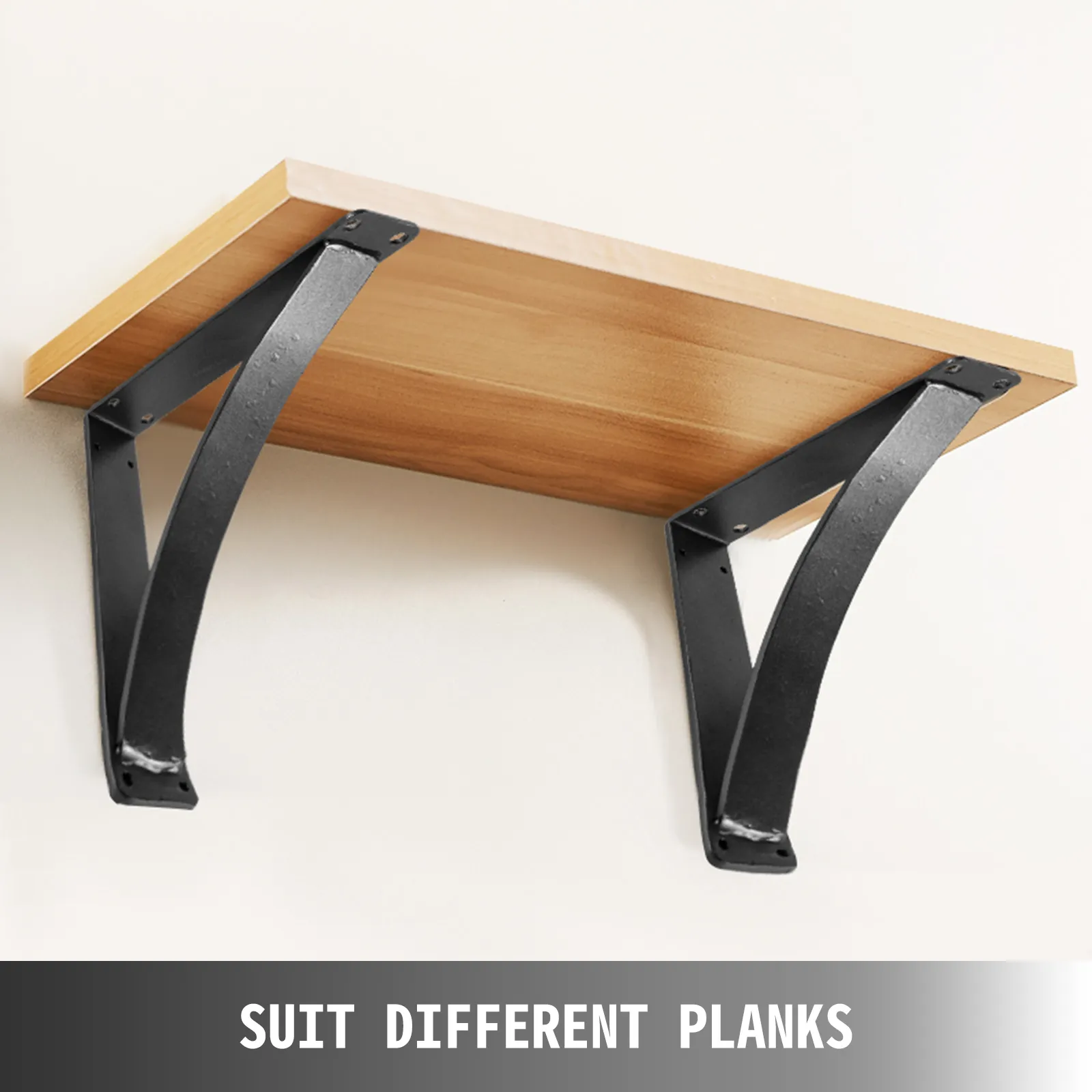 VEVOR heavy duty shelf brackets supporting a wooden shelf on a white wall.