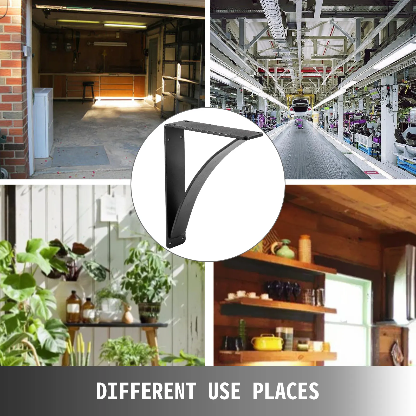 VEVOR heavy duty shelf brackets used in various settings like garage, kitchen, and greenhouse.