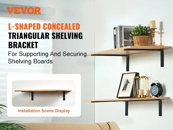 Soporte de estante VEVOR que sostiene estantes de madera con decoración, libros y plantas en un espacio habitable moderno.