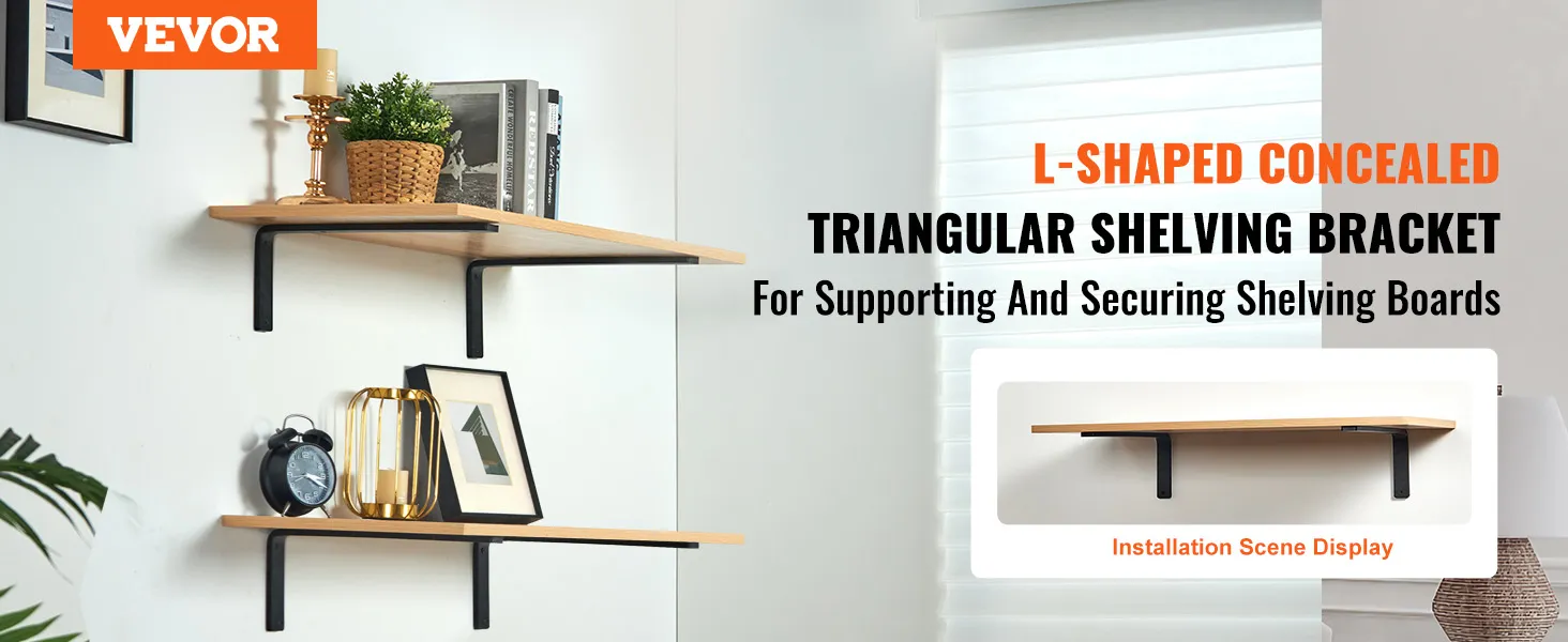 Soporte de estante VEVOR que sostiene estantes de madera con decoración, libros y plantas en un espacio habitable moderno.