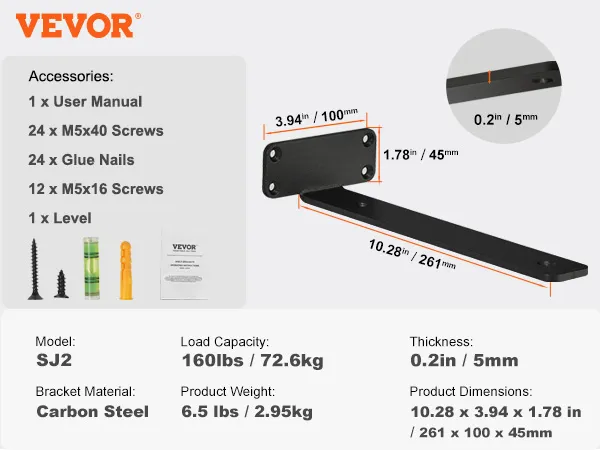 VEVOR shelf brackets model sj2 with 160lbs load capacity, carbon steel, 10.28x3.94x1.78 inches.
