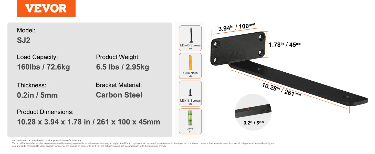 VEVOR shelf brackets model sj2 with 160lbs load capacity, carbon steel, 10.28x3.94x1.78 inches.