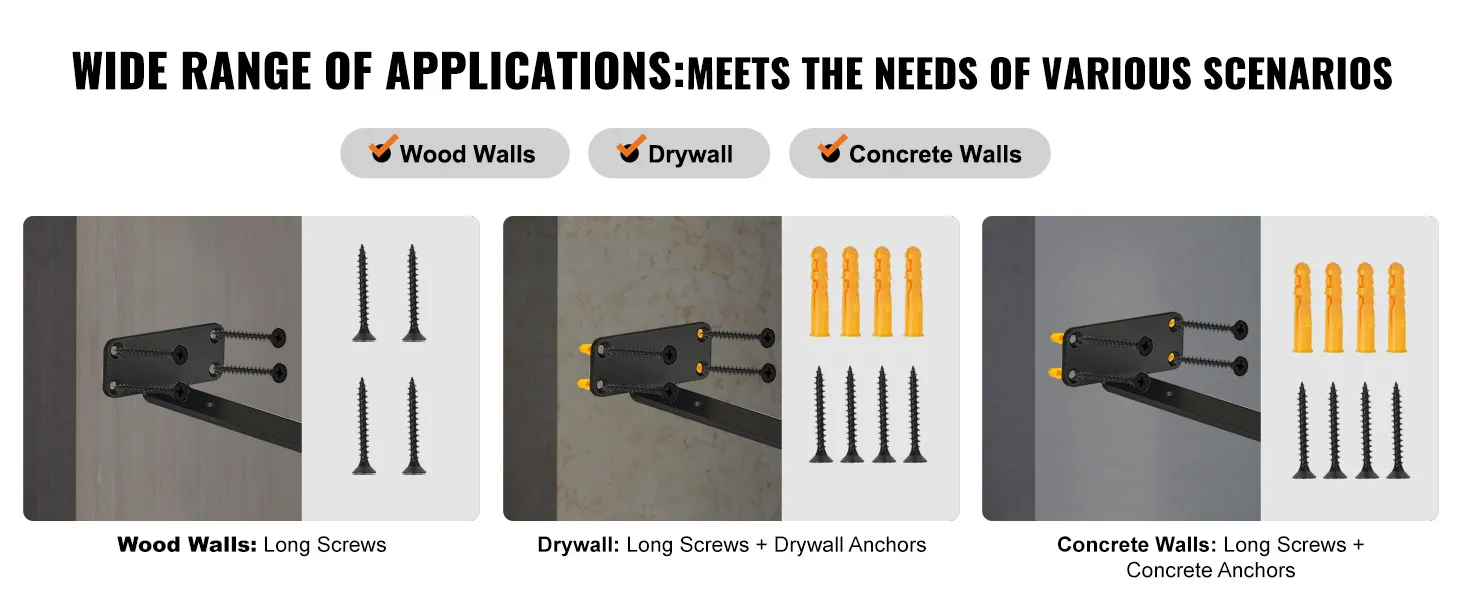 VEVOR shelf brackets for wood, drywall, and concrete walls with screws and anchors included.