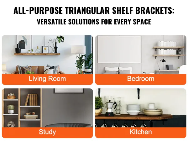 VEVOR shelf brackets in study, living room, bedroom, and kitchen setups, with decorative items on shelves.