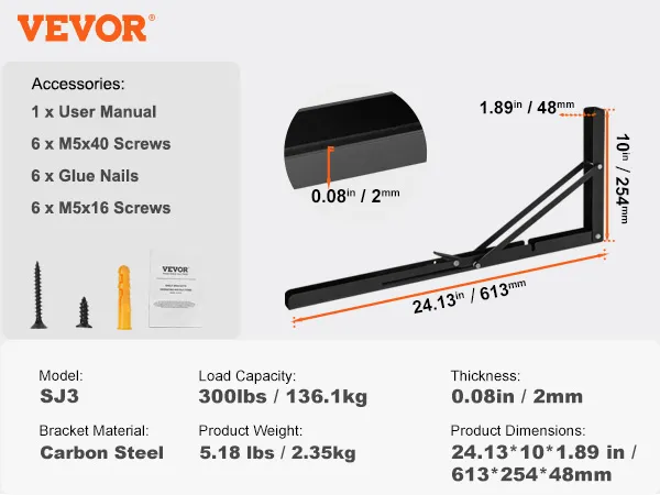 VEVOR shelf bracket foldable, model sj3, carbon steel, 300lb capacity, 24.13x10x1.89 inches.