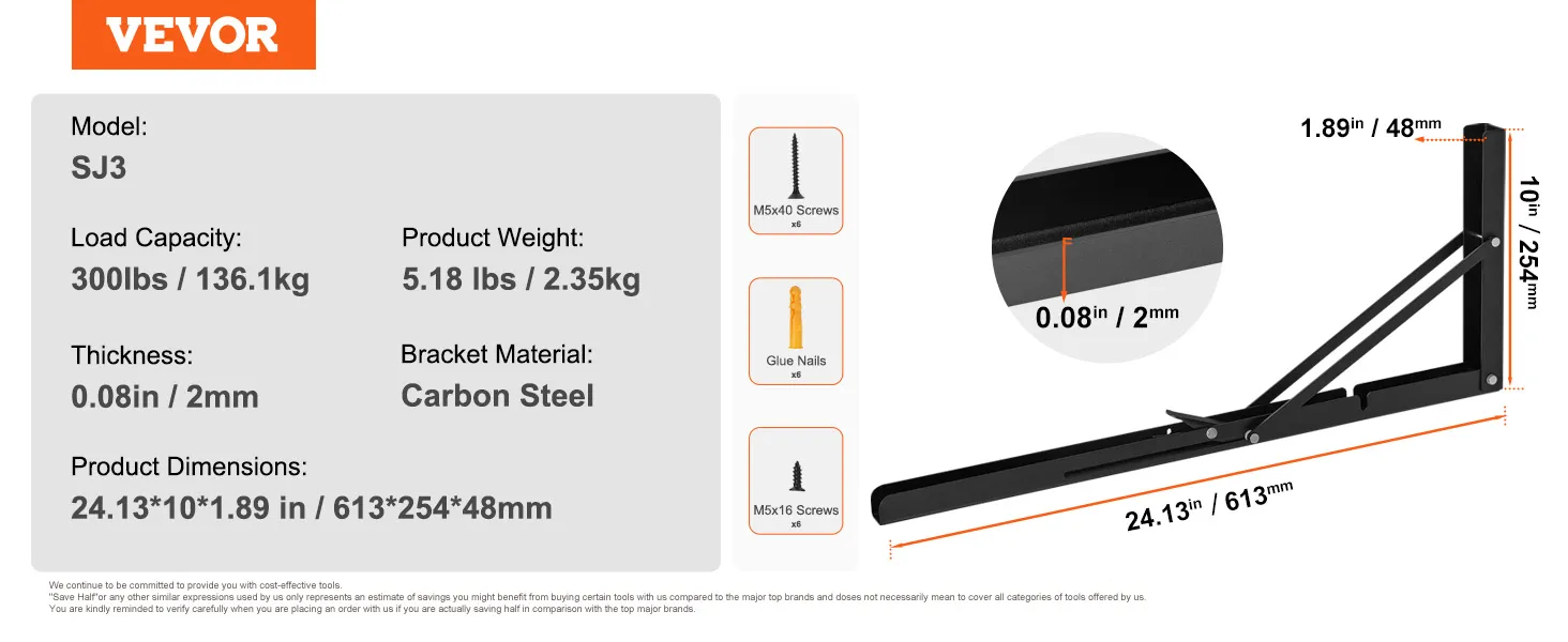 VEVOR shelf bracket foldable, model sj3, carbon steel, 300lb capacity, 24.13x10x1.89 inches.