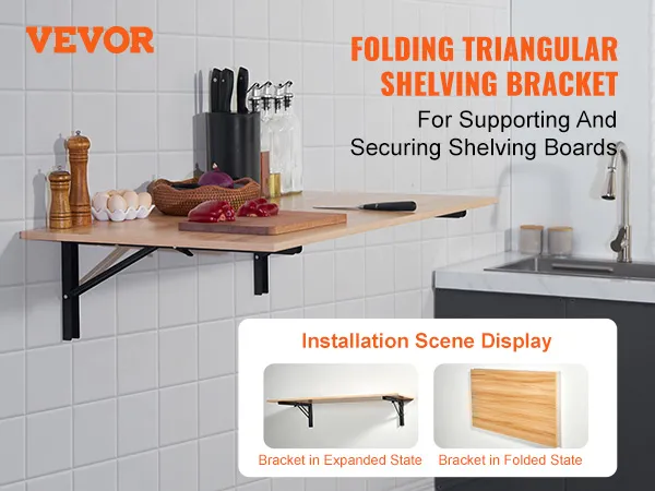 VEVOR shelf bracket foldable installed in a kitchen, holding a cutting board and kitchen items.