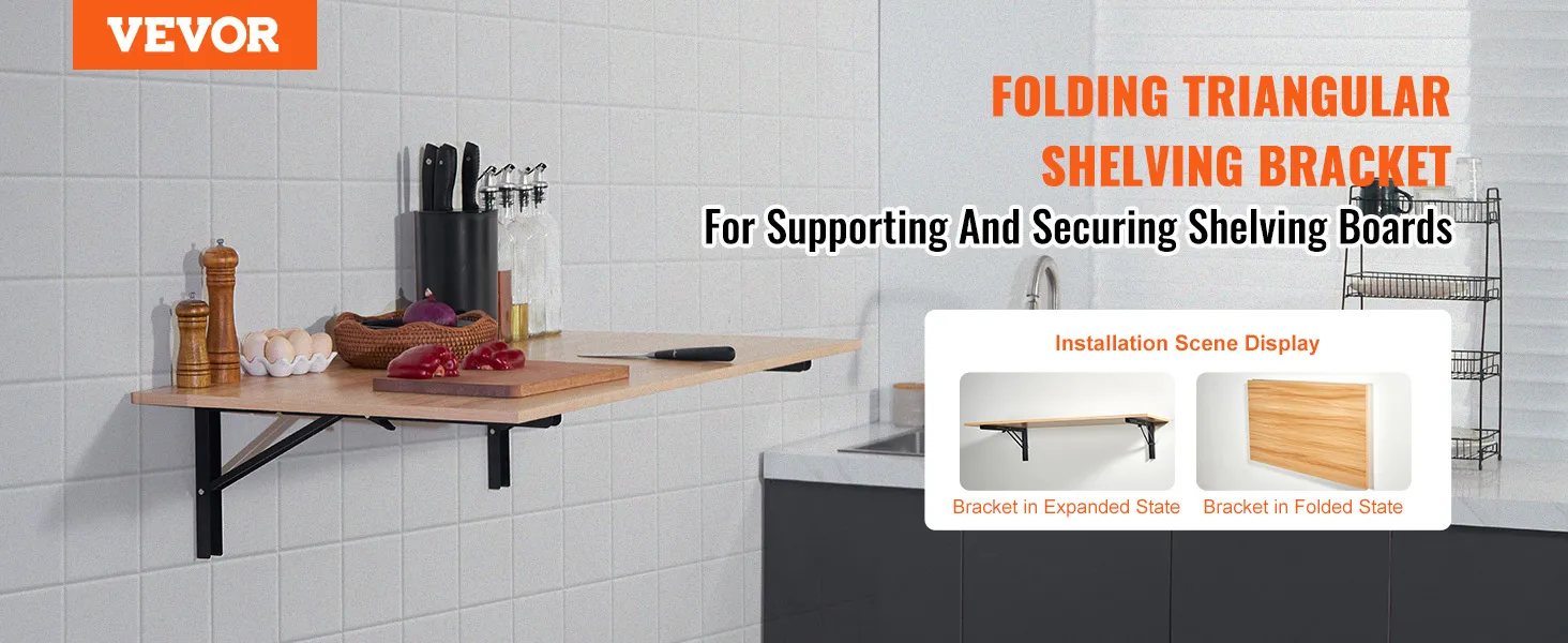 VEVOR shelf bracket foldable installed in a kitchen, holding a cutting board and kitchen items.
