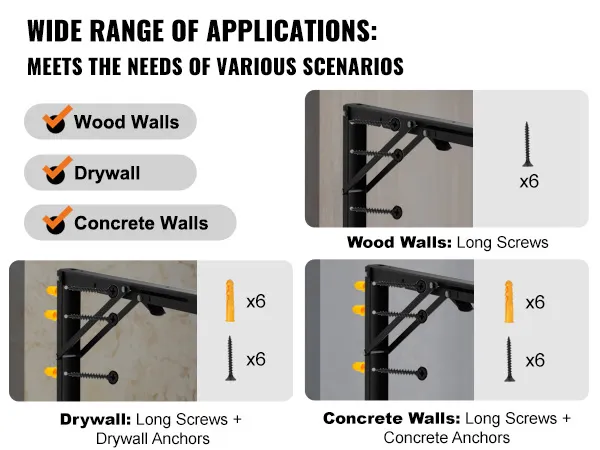 VEVOR shelf bracket foldable installation guide for wood, drywall, and concrete walls, with screws.