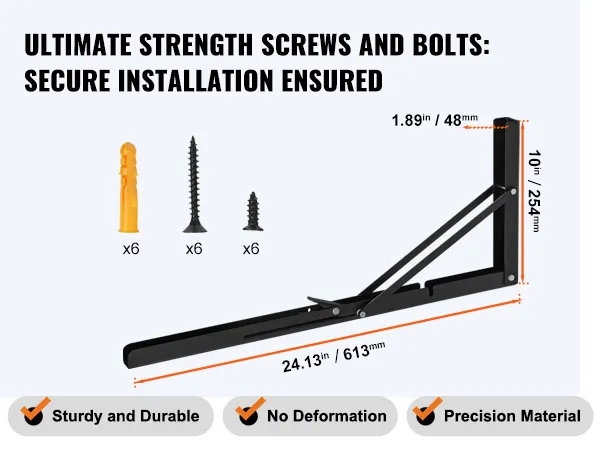 VEVOR shelf bracket foldable with screws, brackets, and installation dimensions for sturdy support.