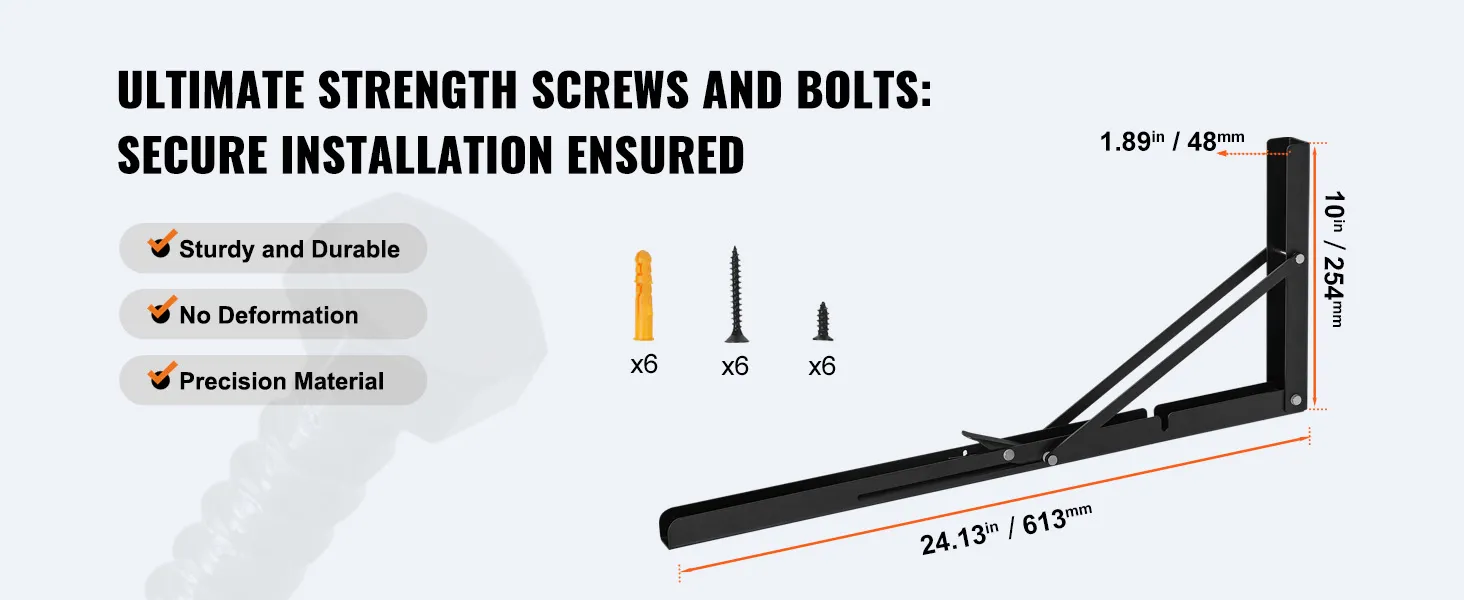 VEVOR shelf bracket foldable with screws, brackets, and installation dimensions for sturdy support.