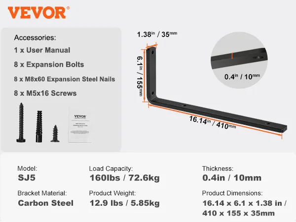 VEVOR shelf brackets sj5, carbon steel, 160lbs capacity, 0.4in thickness, dimensions 16.14 x 6.1 x 1.38 in.