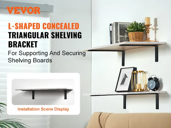 VEVOR shelf brackets supporting floating shelves with decor items and books on a white wall.