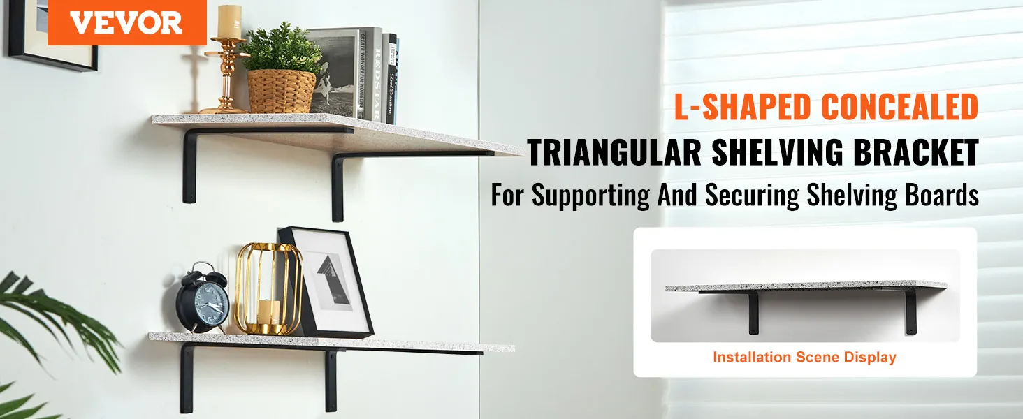 VEVOR shelf brackets supporting floating shelves with decor items and books on a white wall.