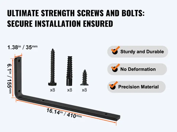 VEVOR shelf brackets with screws and bolts, highlighting sturdy, deformation-free precision material.