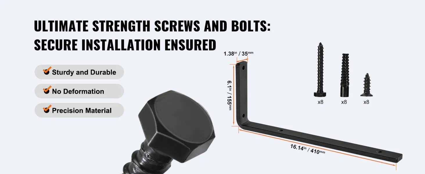 VEVOR shelf brackets with screws and bolts, highlighting sturdy, deformation-free precision material.