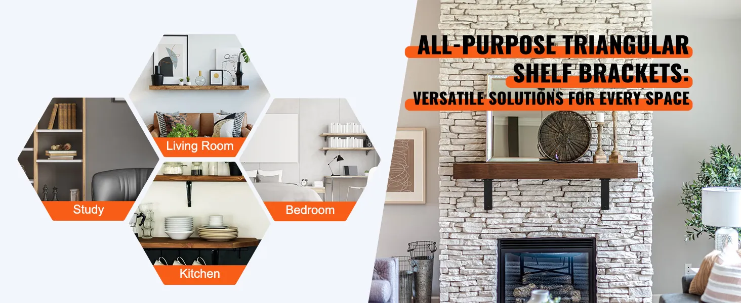 versatile VEVOR shelf brackets used in living room, bedroom, study, and kitchen for efficient storage.