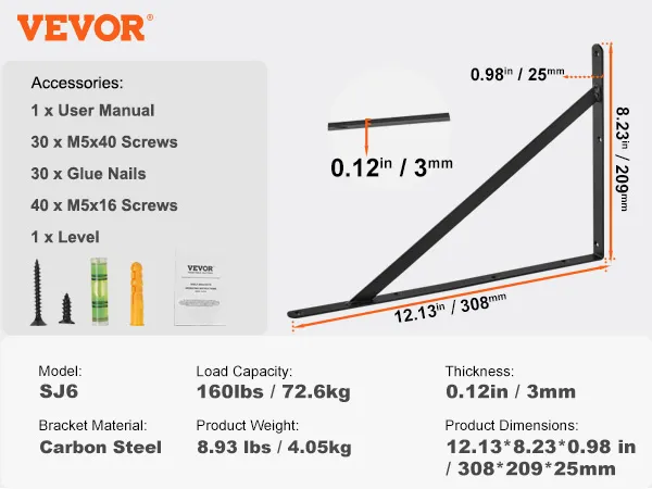 VEVOR plankbeugel sj6, koolstofstaal, draagvermogen van 160 lbs, dikte 0,12 inch, afmetingen 12,13*8,23*0,98 inch.