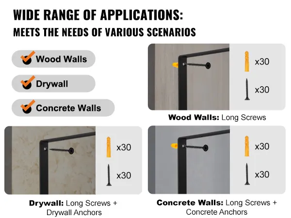 Breed scala aan toepassingen voor VEVOR-plankdragers op houten, gipsplaat- en betonnen muren.