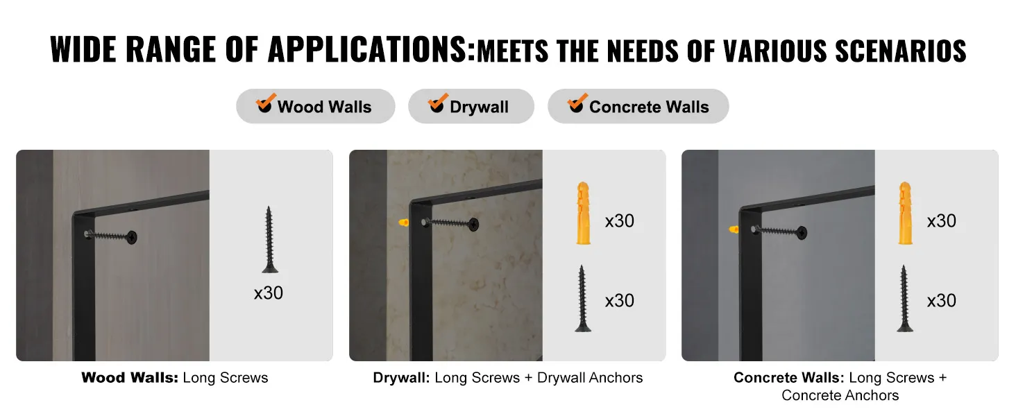 Breed scala aan toepassingen voor VEVOR-plankdragers op houten, gipsplaat- en betonnen muren.