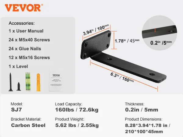 VEVOR plankdragers sj7 met een capaciteit van 160 lbs, een gewicht van 5,62 lbs, afmetingen van 8,28 x 3,94 x 1,78 inch.