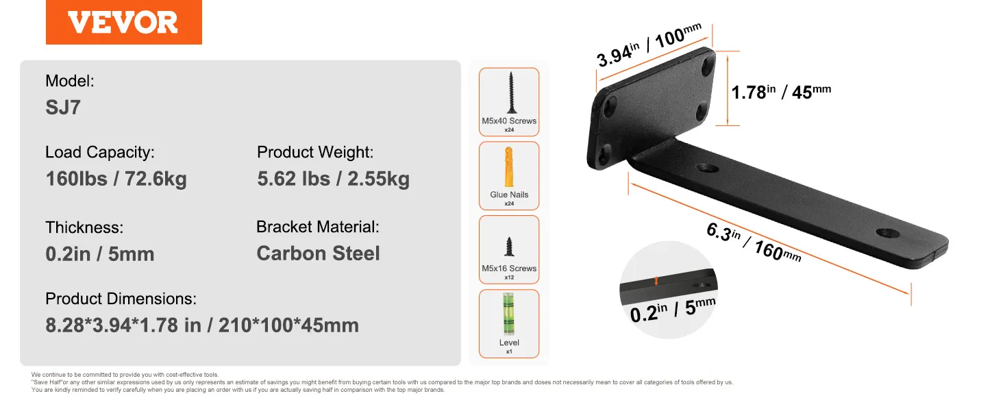 VEVOR plankdragers sj7 met een capaciteit van 160 lbs, een gewicht van 5,62 lbs, afmetingen van 8,28 x 3,94 x 1,78 inch.