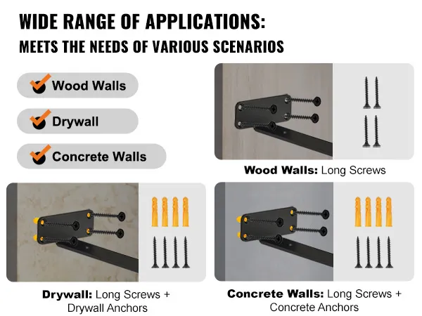VEVOR-plankbeugels voor gebruik in houten, gipsplaat- en betonnen wanden, met schroeven en ankers voor elk type.