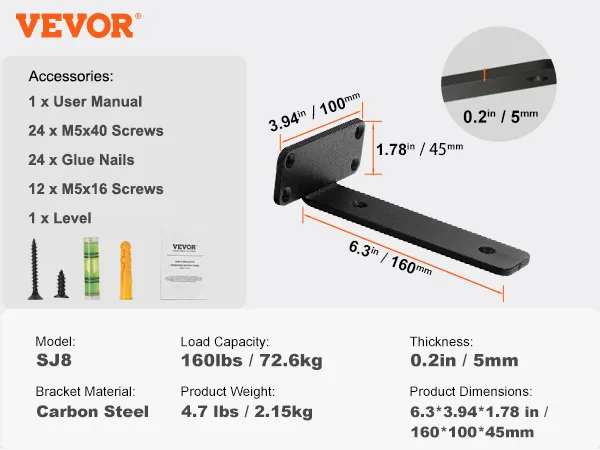 VEVOR shelf bracket, model sj8, steel; load 160lbs, weight 4.7lbs; 6.3 x 3.94 x 1.78 inches.