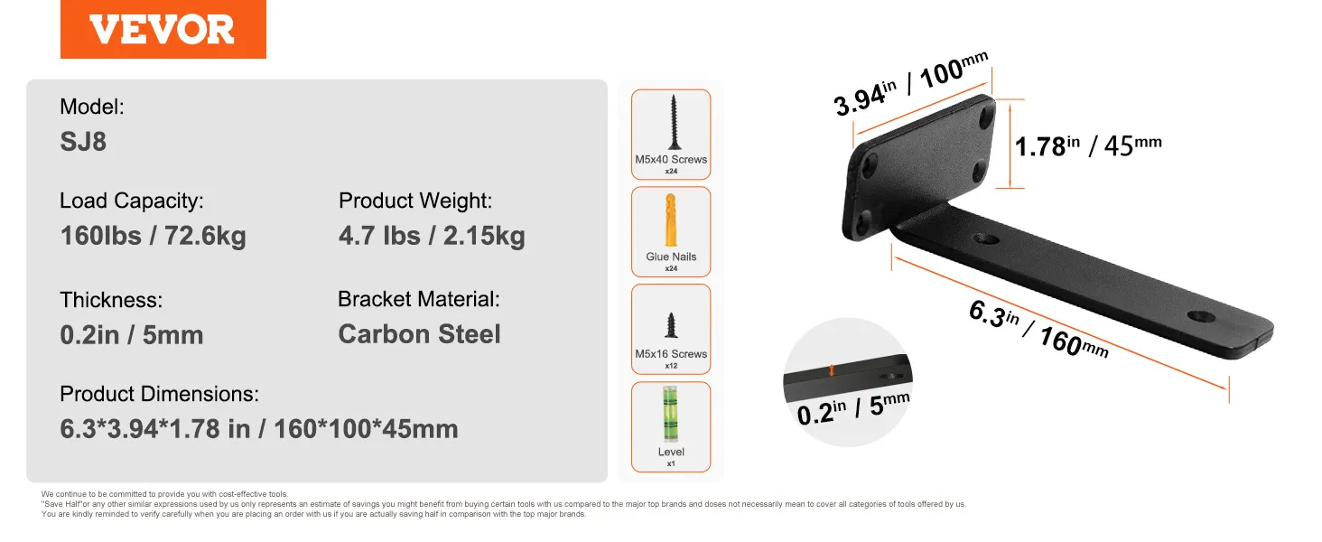 VEVOR shelf bracket, model sj8, steel; load 160lbs, weight 4.7lbs; 6.3 x 3.94 x 1.78 inches.