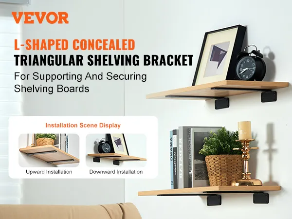 VEVOR shelf bracket for l-shaped concealed triangular shelving, showcasing upward and downward installation.