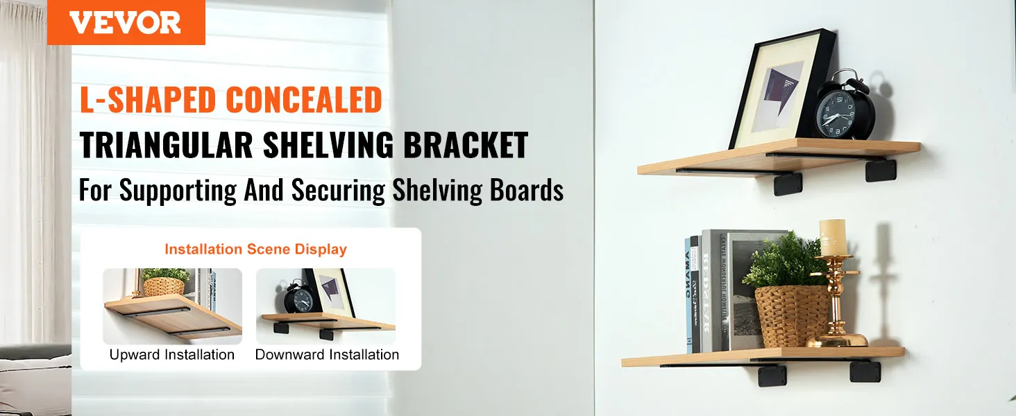 VEVOR shelf bracket for l-shaped concealed triangular shelving, showcasing upward and downward installation.
