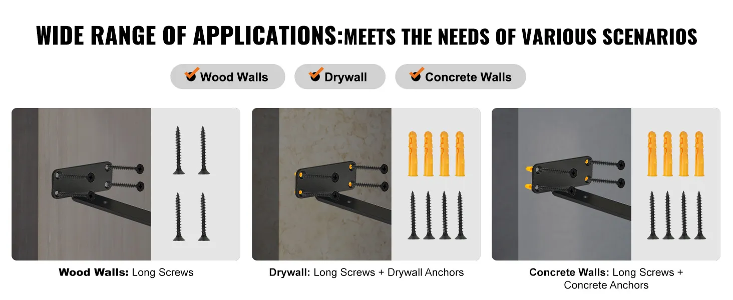 wide range of applications for VEVOR shelf bracket on wood, drywall, and concrete walls with screws.
