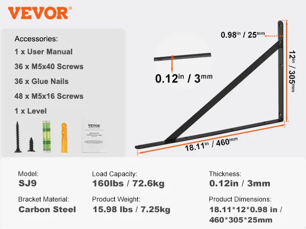 VEVOR shelf bracket model sj9, 160lbs load, 0.12in thickness, carbon steel, dimensions 18.11x12x0.98in.