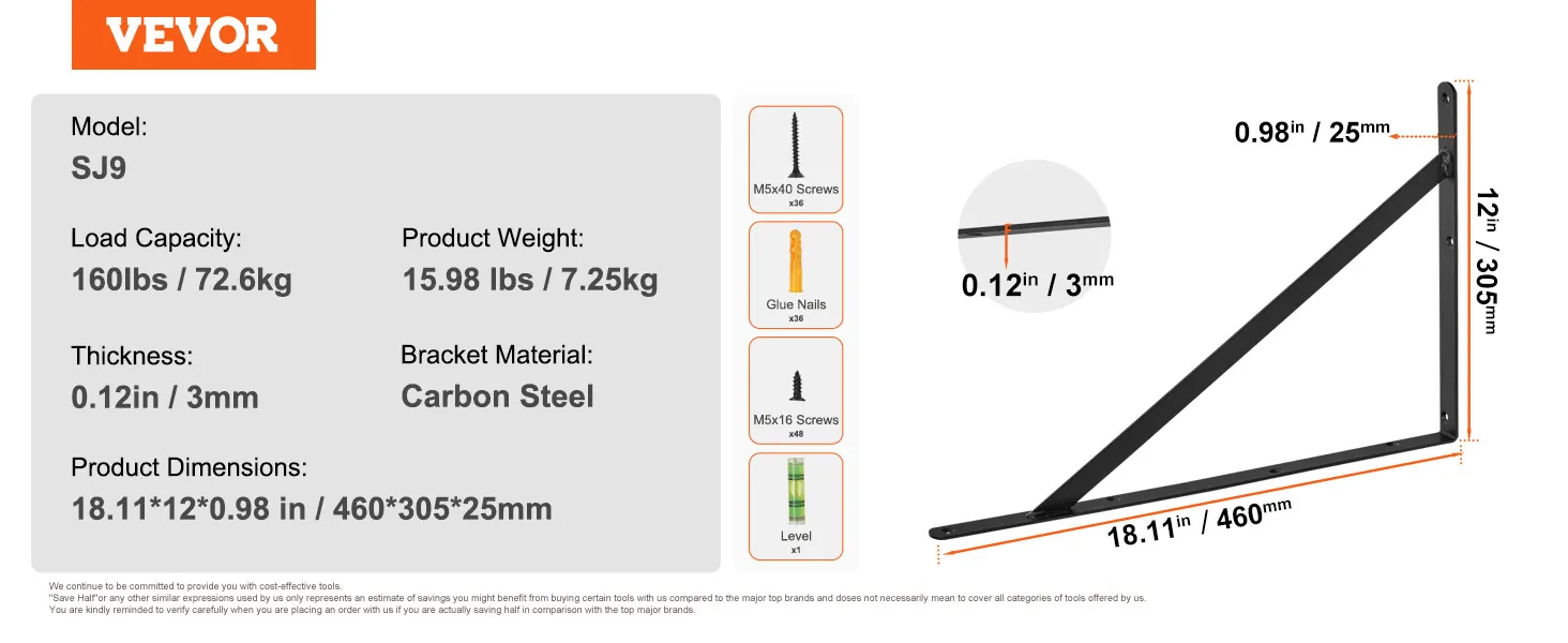 VEVOR shelf bracket model sj9, 160lbs load, 0.12in thickness, carbon steel, dimensions 18.11x12x0.98in.