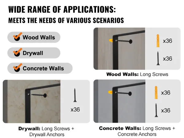 wide range of applications for VEVOR shelf bracket: wood, drywall, and concrete walls. instructions included.