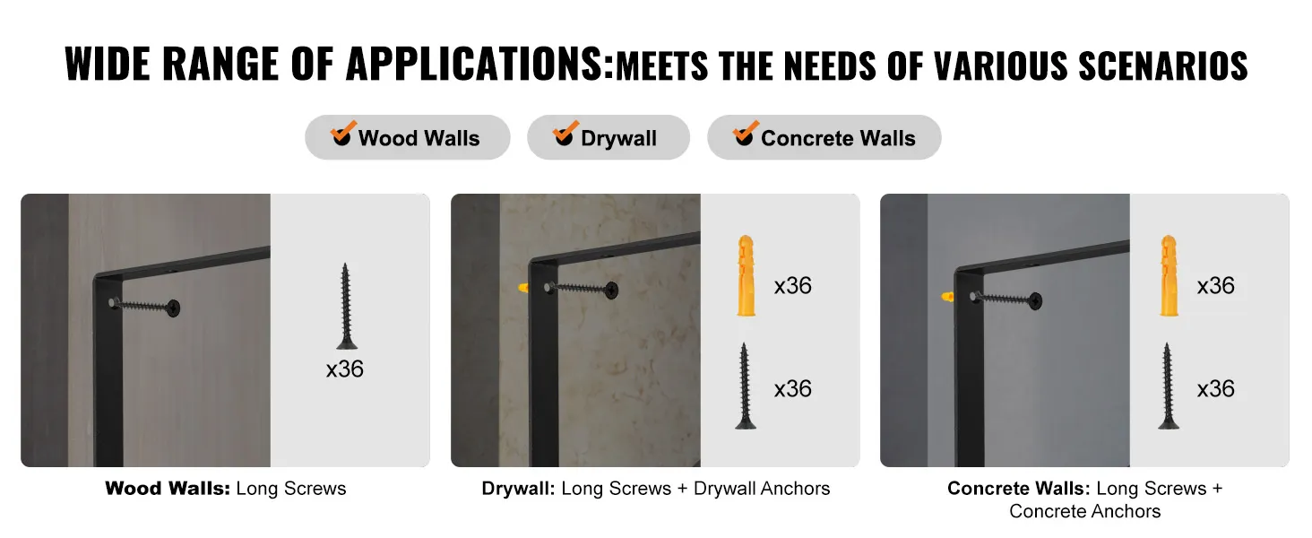 wide range of applications for VEVOR shelf bracket: wood, drywall, and concrete walls. instructions included.