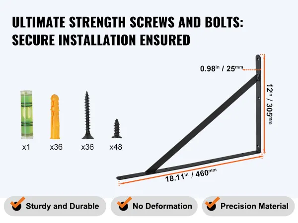VEVOR shelf bracket with dimensions and secure installation screws: 18.11"/460mm, 12"/305mm, 0.98"/25mm.