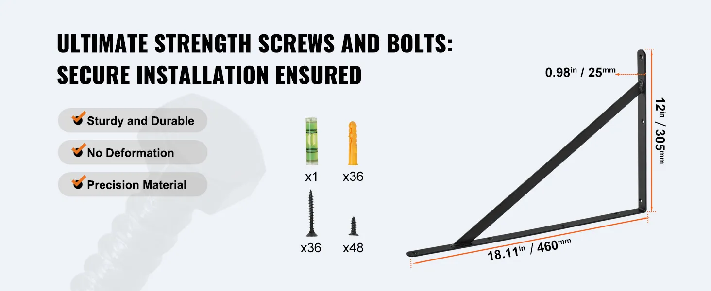 VEVOR shelf bracket with dimensions and secure installation screws: 18.11"/460mm, 12"/305mm, 0.98"/25mm.