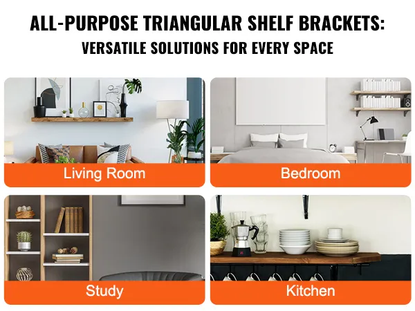 all-purpose triangular shelf brackets in study, living room, kitchen, and bedroom settings.