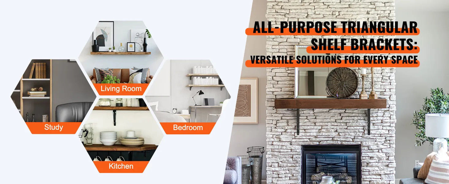 all-purpose triangular shelf brackets in study, living room, kitchen, and bedroom settings.