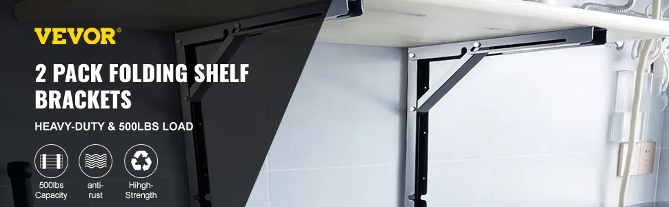 VEVOR folding shelf brackets supporting a heavy-duty shelf with 500lbs capacity.